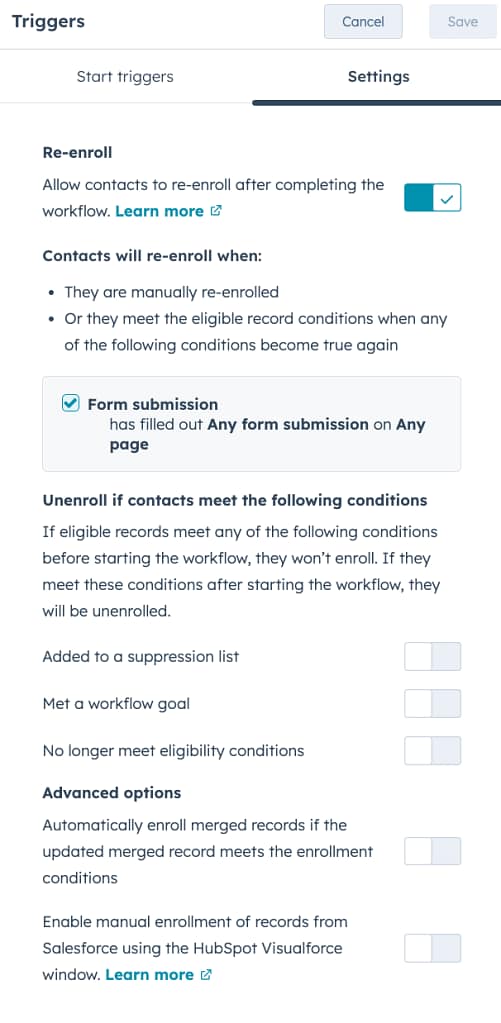 Settings of hubspot workflow automation